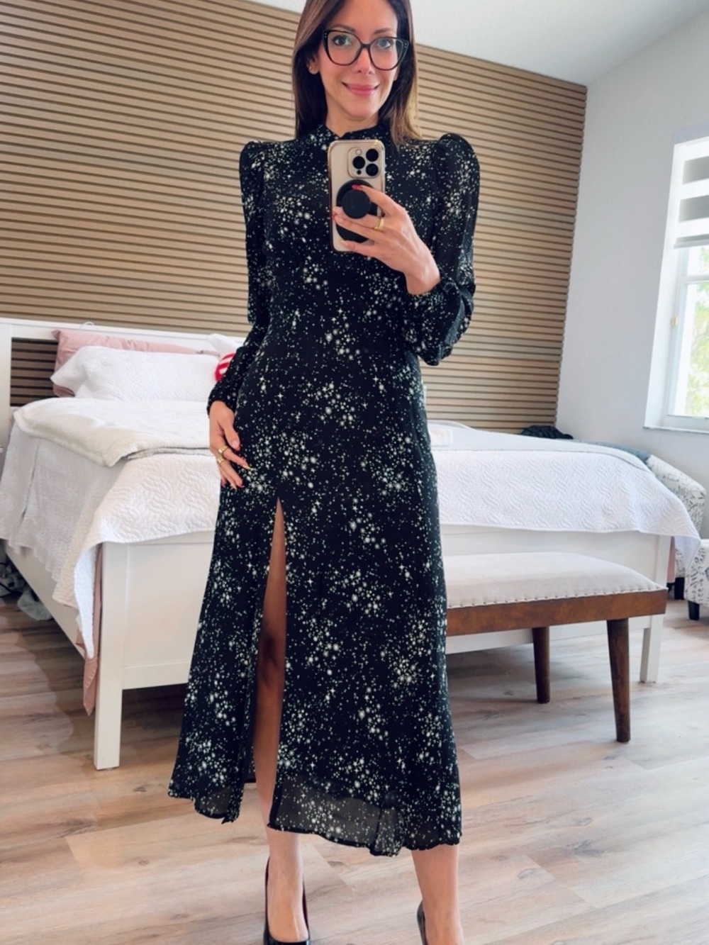 Forever 21 Black Star-Print Midi Dress with High Neck and Front Slit
